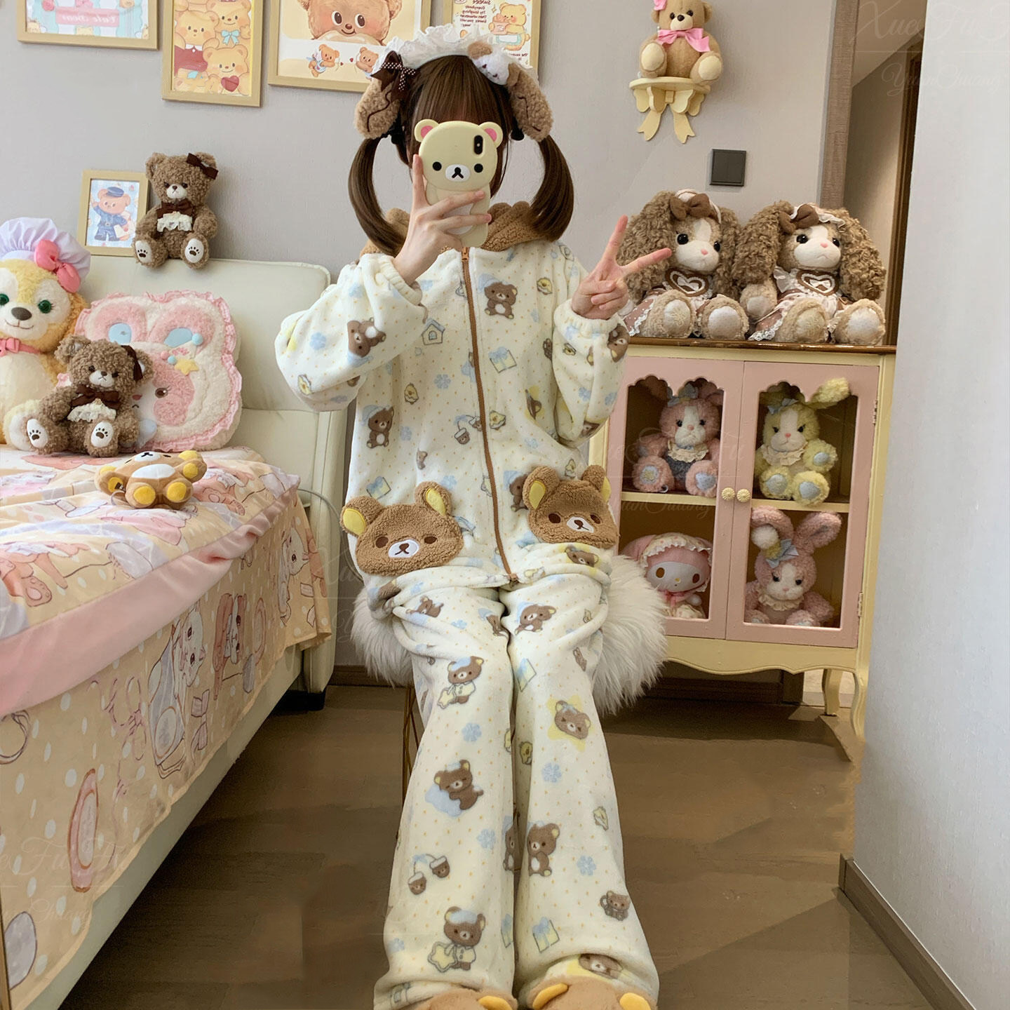日系轻松熊睡衣女冬季法兰绒加厚珊瑚绒卡通可爱学生情侣大码套装