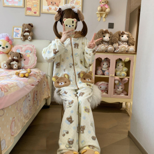 日系轻松熊睡衣女冬季法兰绒加厚珊瑚绒卡通可爱学生情侣大码套装