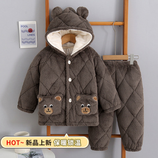 儿童睡衣男童冬季加厚三层夹棉家居服保暖可外穿套装