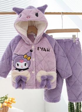 冬季女童儿童睡衣三层夹棉加厚法兰绒家居服套装连帽可爱保暖衣服