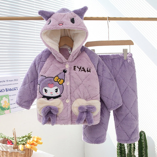 冬季女童儿童睡衣三层夹棉加厚法兰绒家居服套装连帽可爱保暖衣服