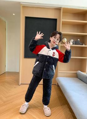冬季女童儿童睡衣三层夹棉加厚法兰绒家居服套装连帽可爱保暖衣服