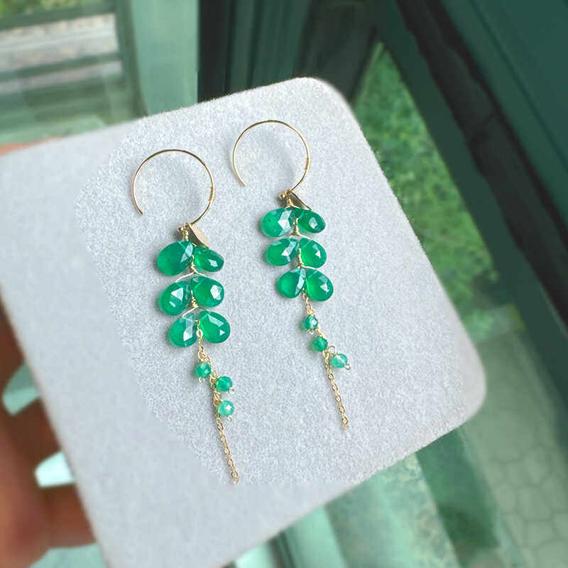 绿玉髓水滴14k包金葡萄串耳环