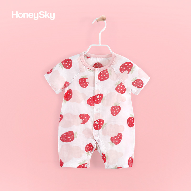 honeysky 嬰兒爬服寶寶紗布連體衣新生兒純棉衣服短袖哈衣夏裝薄
