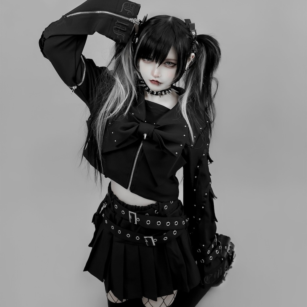 日系复古辣妹风黑色机车服套装