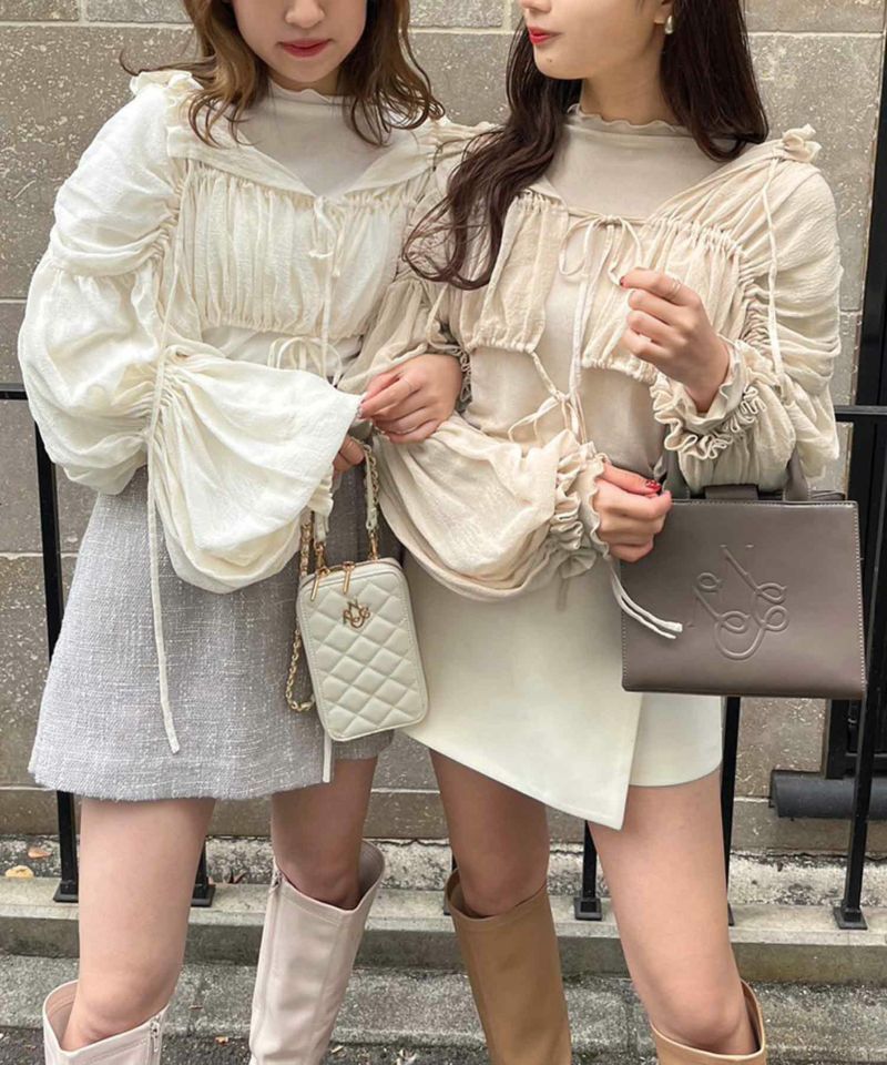 iamfino少女透纱质感自然褶皱抽绳 小木耳边立领打底衫衬衫两件套