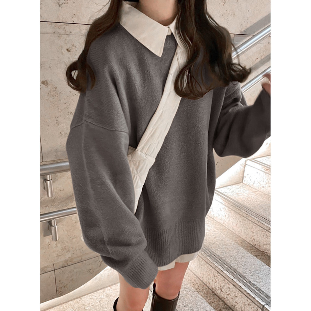 日系经典甜美百搭糖果色系纯色圆领宽松显裙针织毛衣长袖上衣