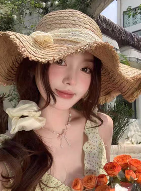 法式拉菲草沙滩大檐防晒帽女