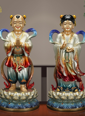 纯铜珐琅金童玉女佛像家用摆件