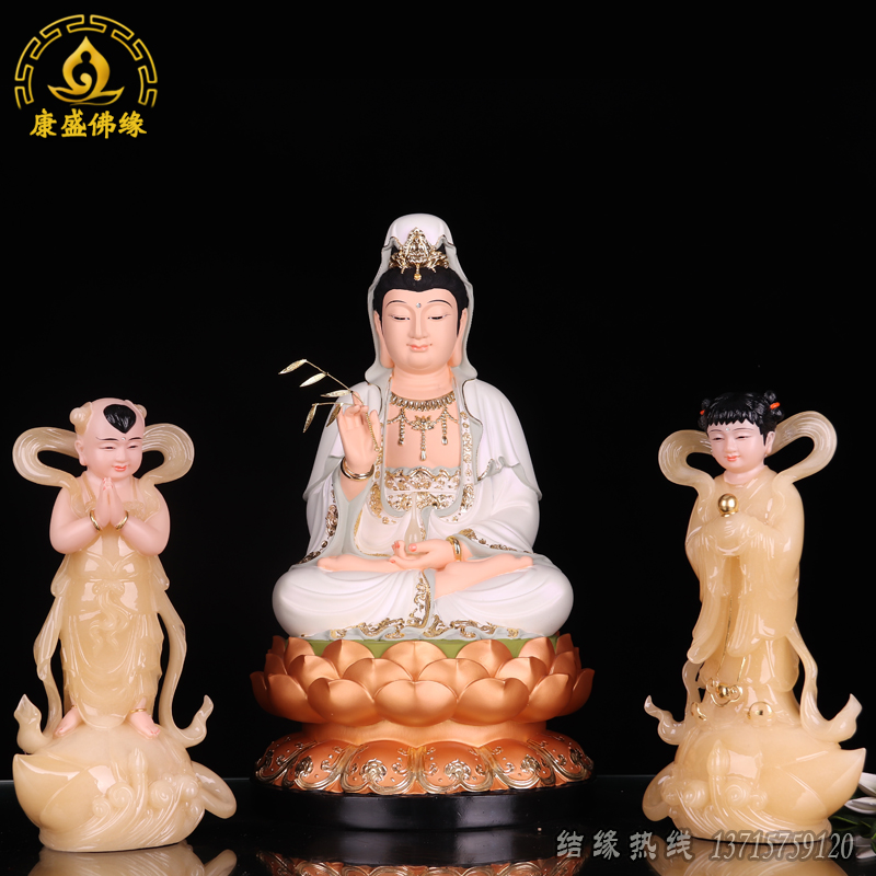 金童玉女佛像善财童子龙女汉白玉黄玉镶金童男童女观音左右护法像