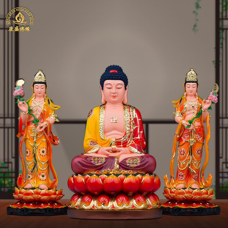 东方三圣佛像药师佛日光月光菩萨树脂家用寺庙供奉复古桌面摆件