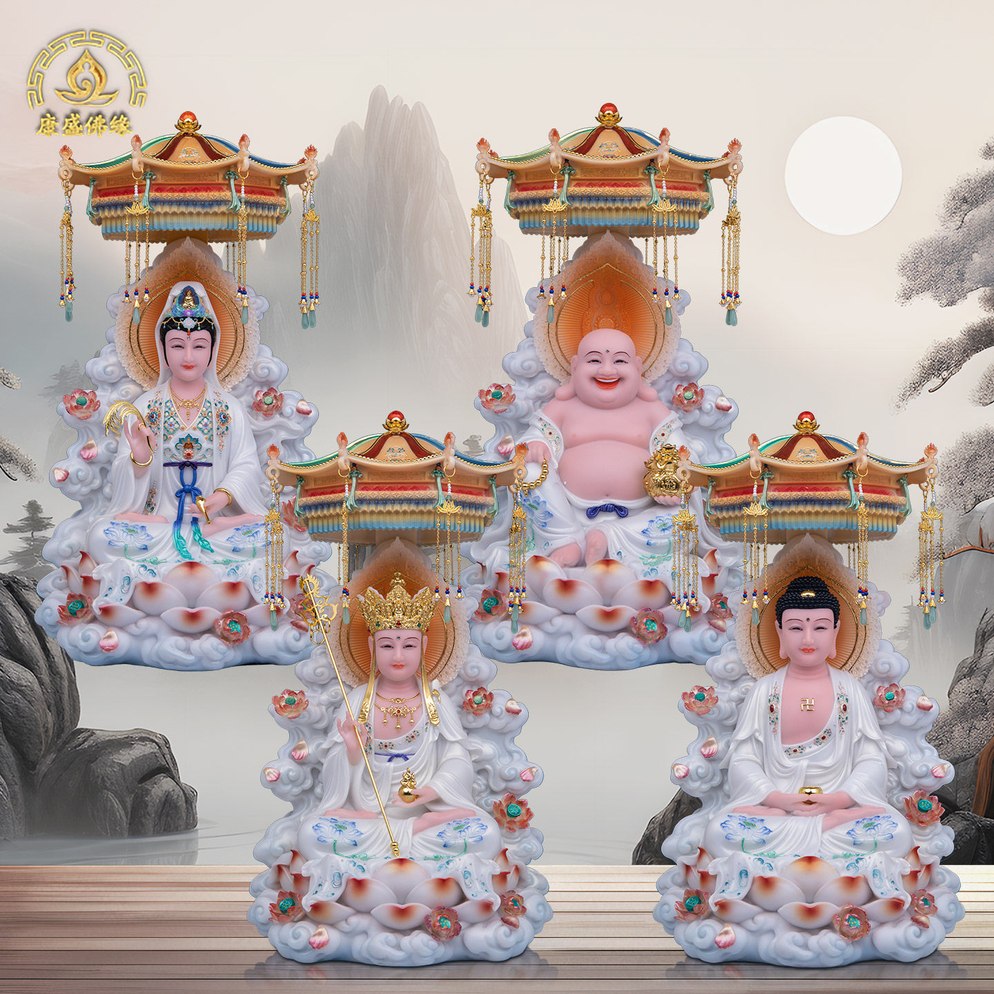宝盖全堂佛汉白玉珍珠彩供奉摆件