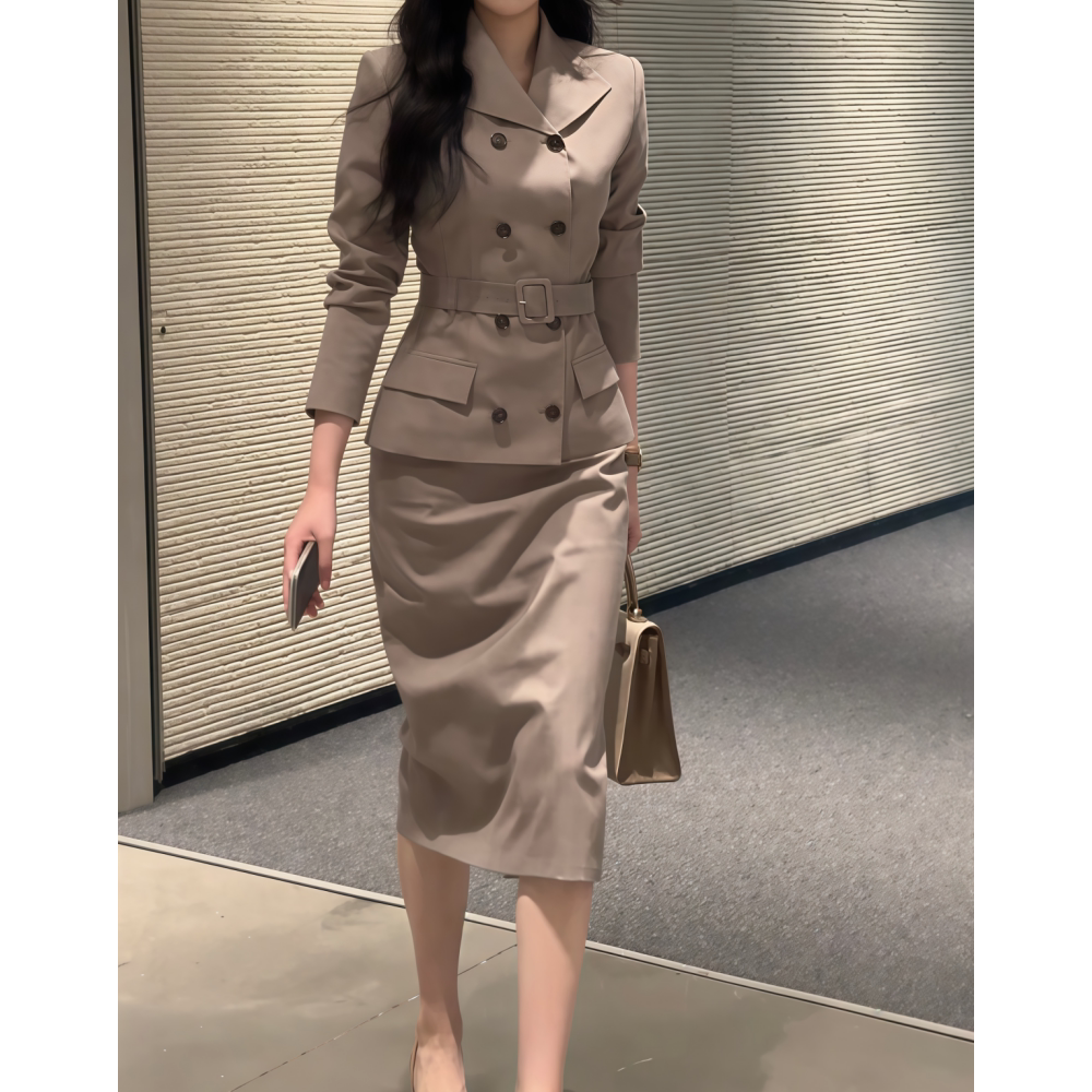 卡其色半身裙双排扣西装上衣套装