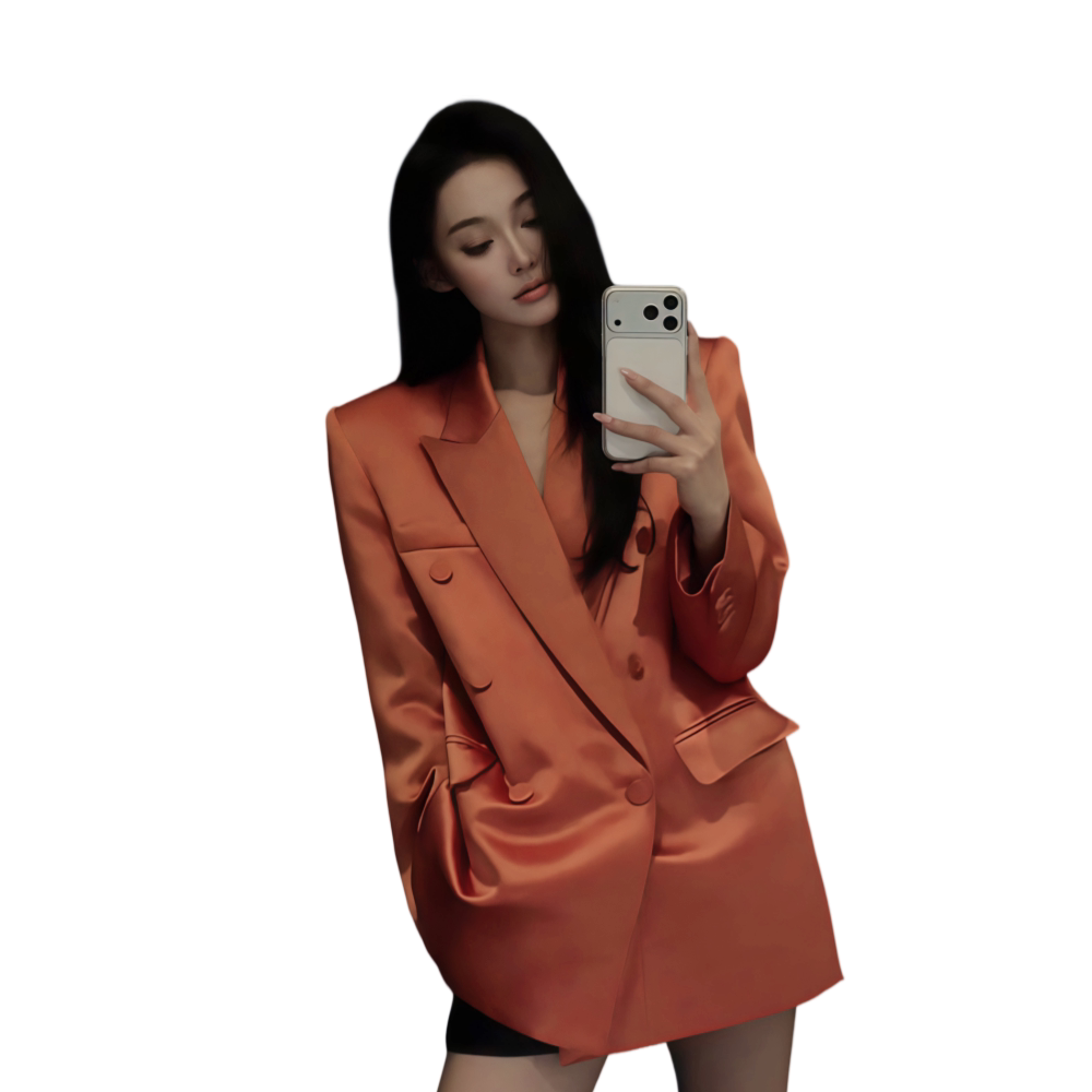 中长款桔红色正肩直筒西装外套女