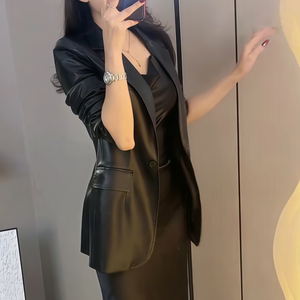 2026年春季时尚新款轻奢风黑色皮衣西装外套连衣裙女气质显瘦套装