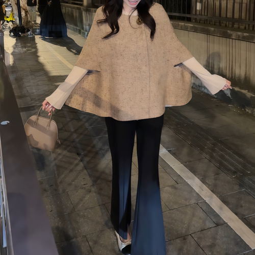 渐变棕色斗篷针织披肩毛衣汉服装