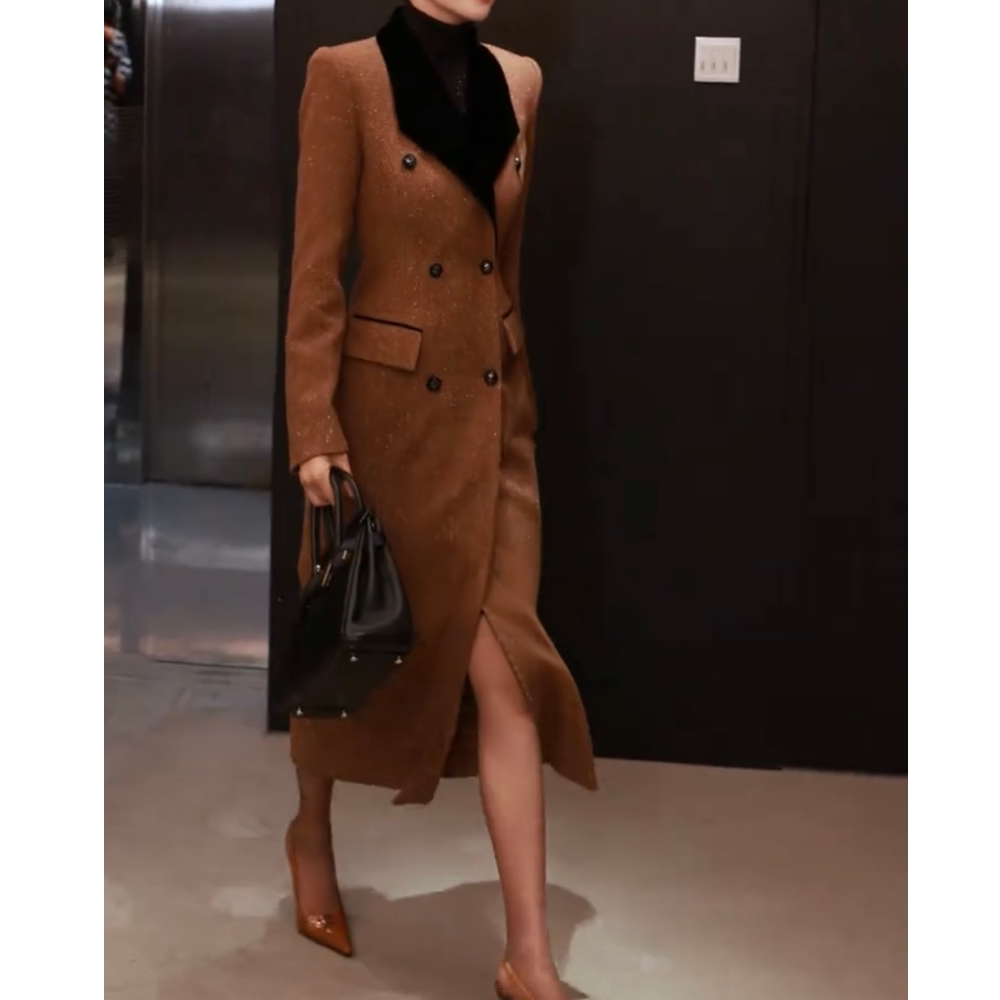 长款深棕色撞色领细闪毛呢大衣女
