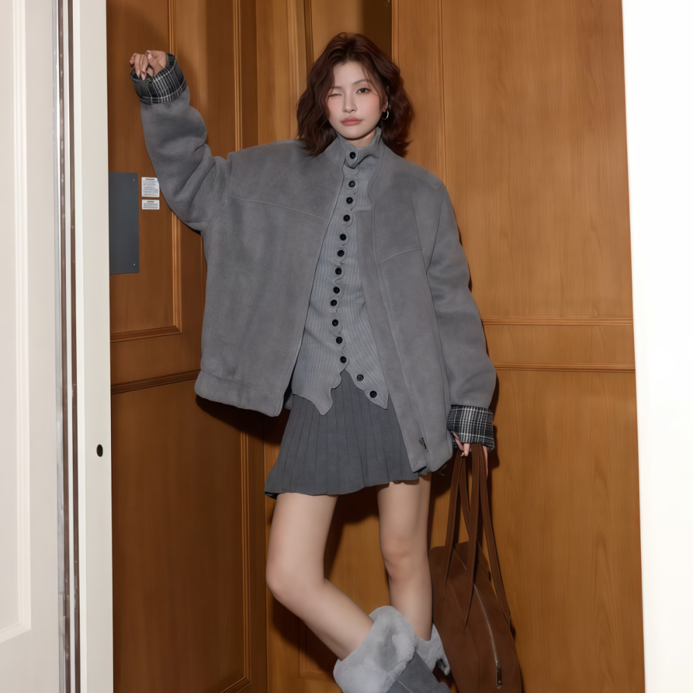 直筒款灰色夹克款立领毛呢外套女