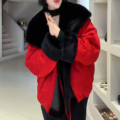 正流行红色毛毛领国风羽绒服外套