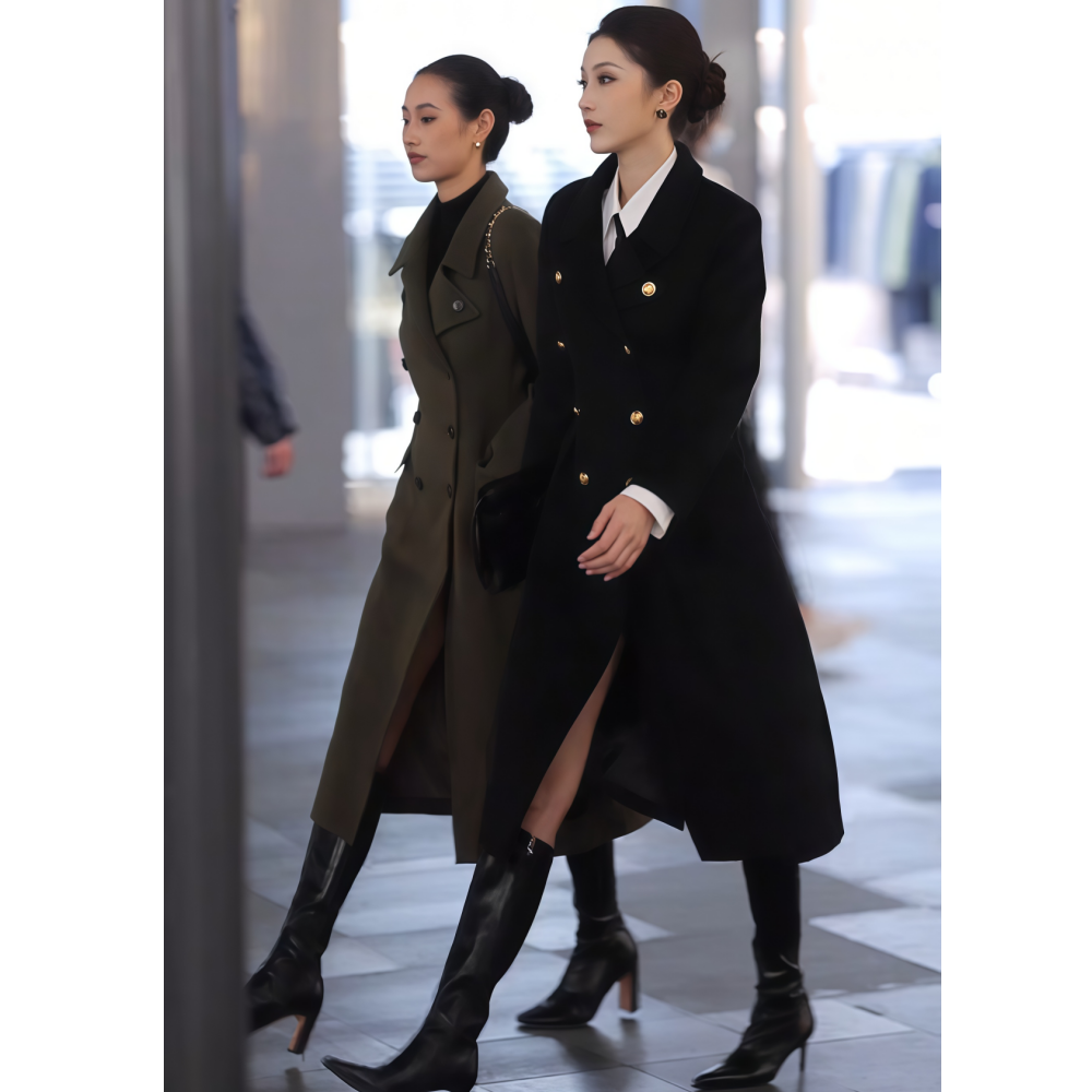 中长款纯色双排扣毛呢大衣外套女