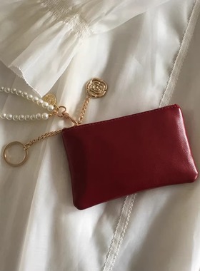 复古红色油蜡皮小钱包女短款拉链零钱袋卡夹简约驾驶证钥匙手拿包