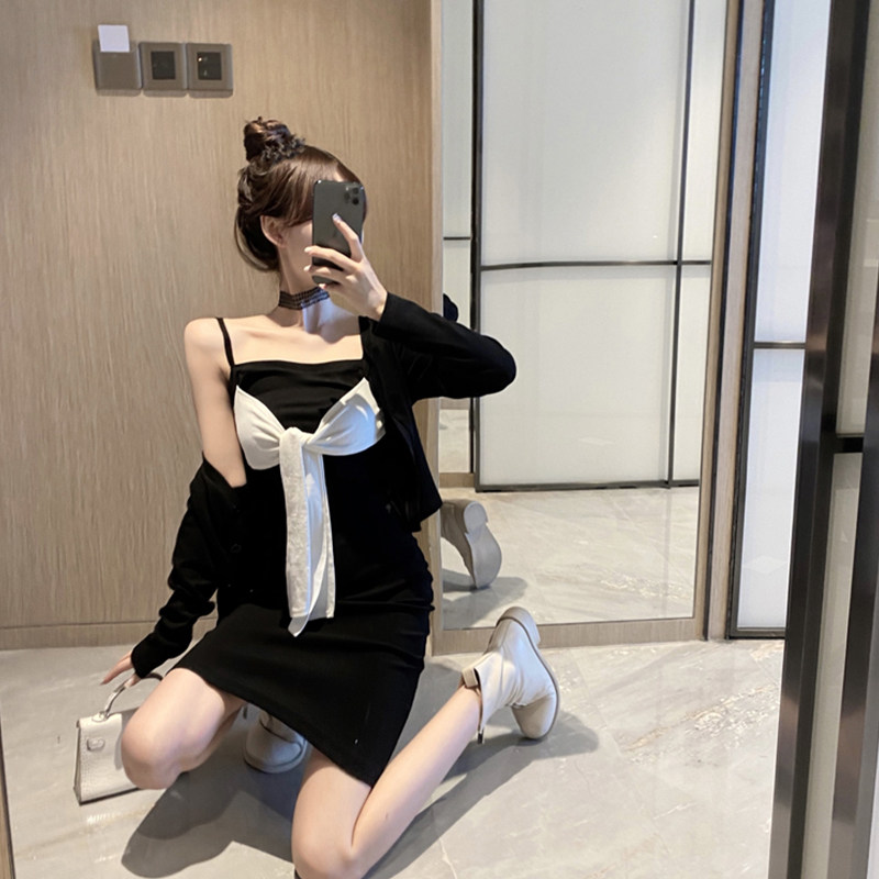 小个子甜美套装女秋蝴蝶结吊带连衣裙包臀裙防晒长袖外套两件套