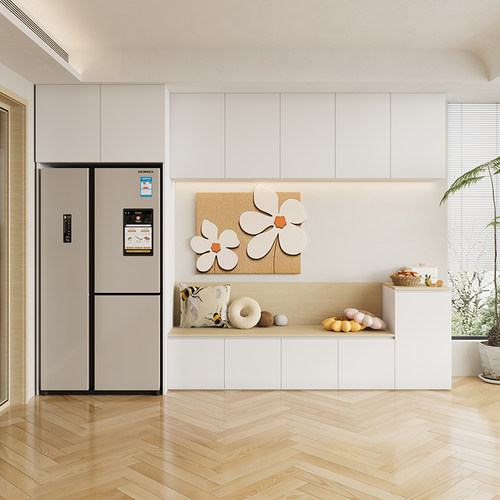 轻奢奶油卡座沙发一体餐边柜家用客厅靠墙小户型嵌入式冰箱柜定制