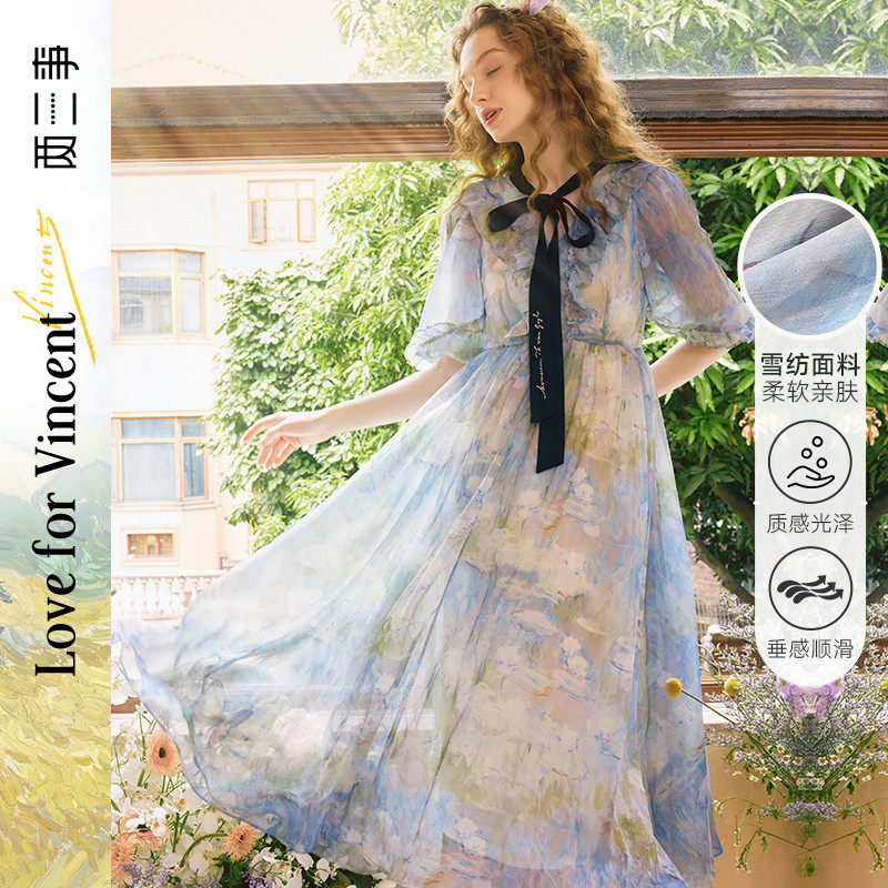【婷仔推荐】两三事梵高文艺 沉醉入梦 刺绣绑带印花连衣裙