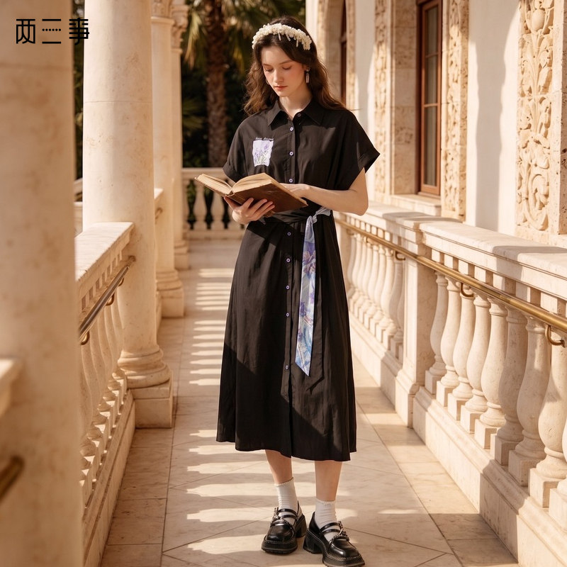 两三事莫奈系列暗恋心迹文艺风印花绑带衬衫裙连衣裙图片