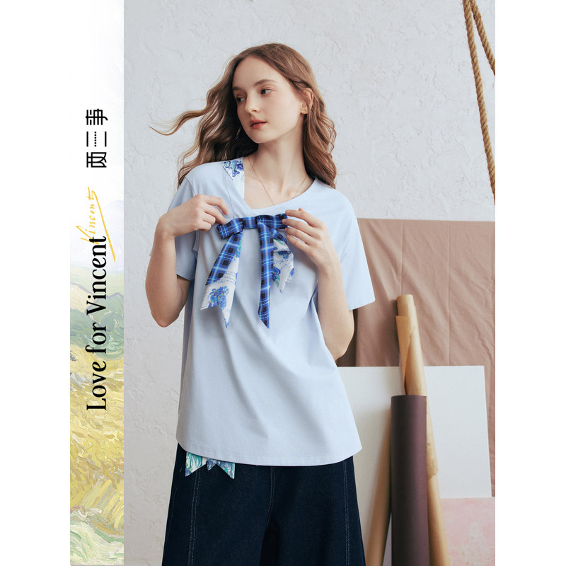 两三事梵高文艺 碧落晴空 格子蝴蝶结v领短袖t恤图片