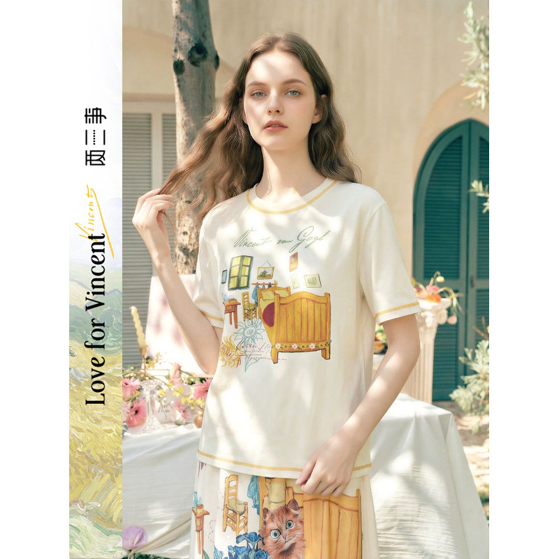 两三事梵高文艺闲庭画叙复古绣线装饰短袖t恤图片
