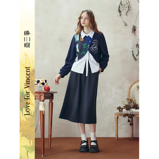 两三事梵高文艺臆想拼接假两件衬衫半裙两件套