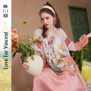 两三事 梵高艺术花也谈情 压褶印花两面穿衬衫