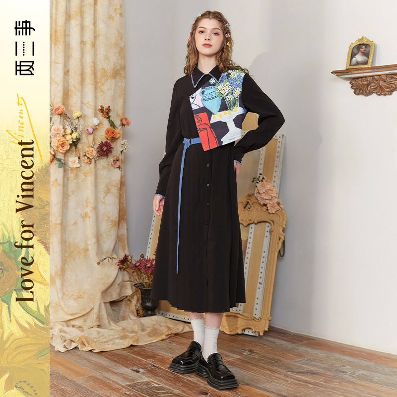 两三事梵高文艺诸神艺境油画印花接假两件连衣裙