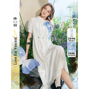 两三事梵高文艺海风茶信可拆领带泡泡袖a字连衣裙