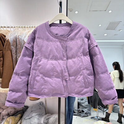 2025冬新款时尚短款羽绒服圆领小个子白鸭绒圆领保暖外套上衣135