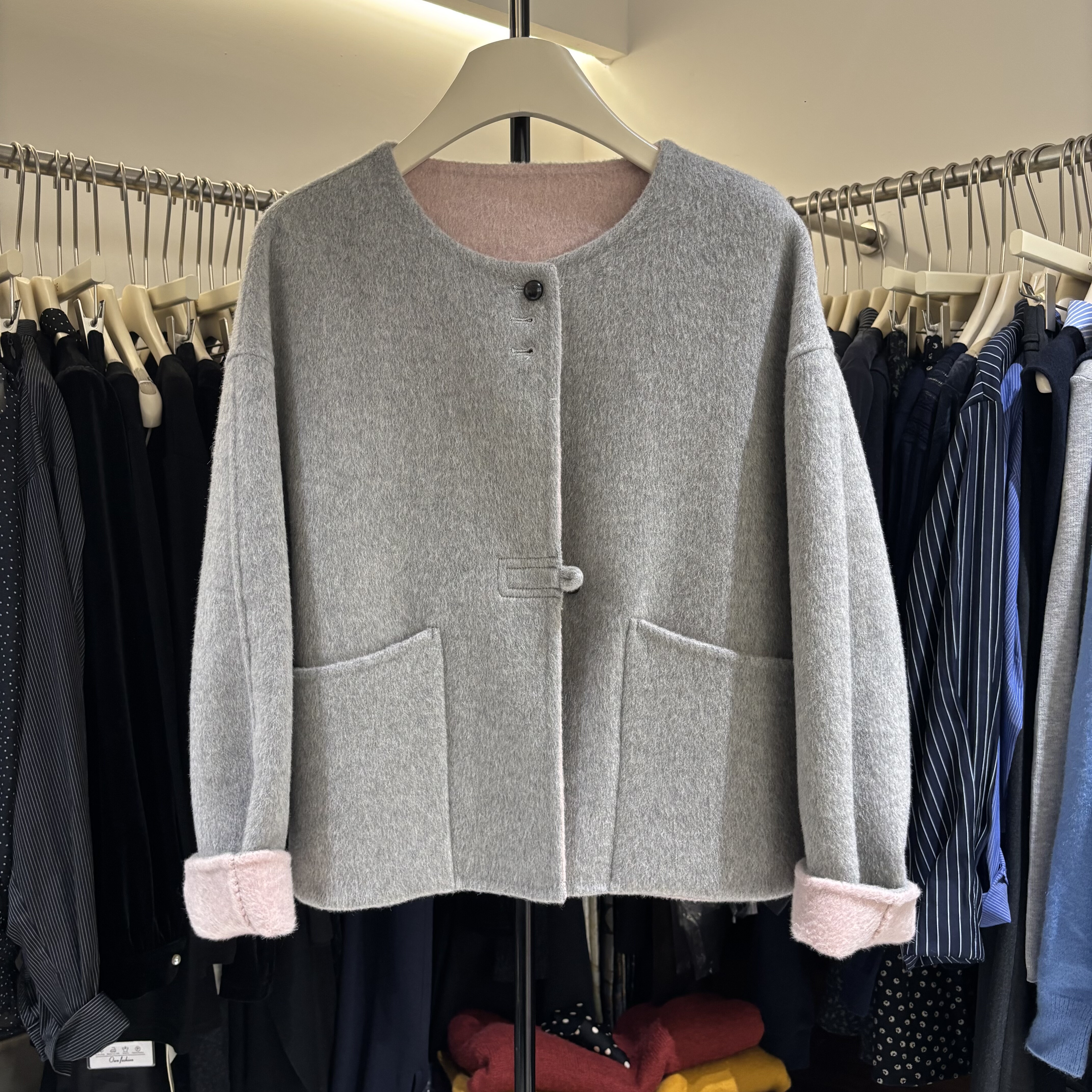 浅色无领双面毛呢独特绝美冬季外套女款羊毛芭比廓形留洋千金大衣