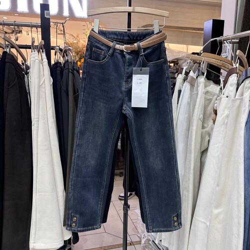 加绒修身九分烟管裤小直筒牛仔裤冬季2025新款小个子加厚裤子8902