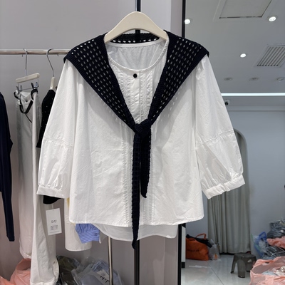 早秋全棉七分袖圆领衬衫女2026新款时尚百搭宽松镂空披肩衬衣