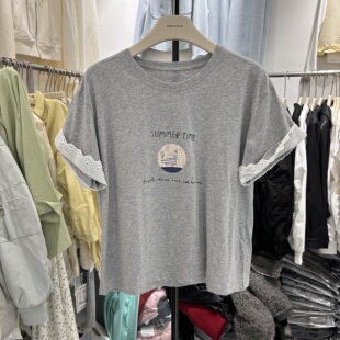 纯棉袖口蕾丝拼接正肩女t恤短袖2026新款时尚百搭灰色上衣夏季潮