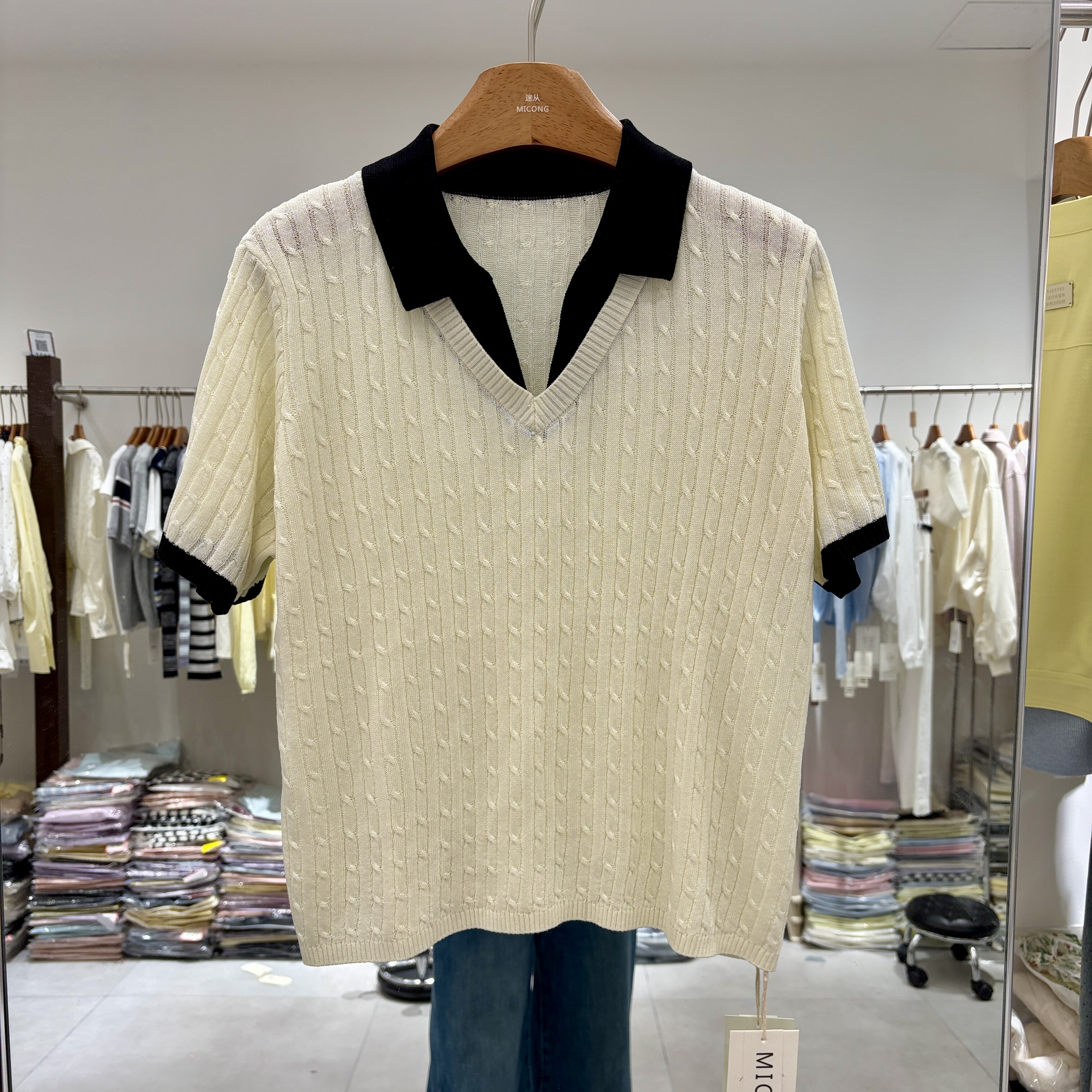 2026夏季新款撞色假两件针织衫女短袖POLO领麻花修身显瘦百搭上衣