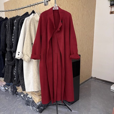 气质高级感双面羊毛大衣女春秋新款立领腰带大口袋长款毛呢外套潮