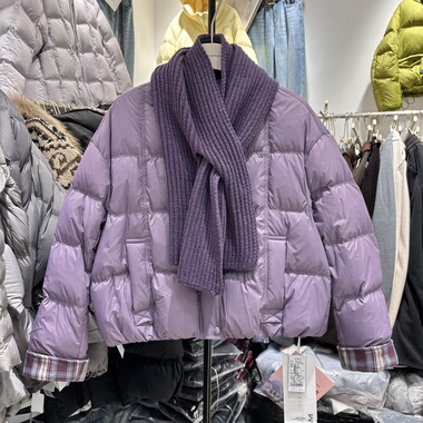 韩系立领短款羽绒服女紫色带围巾保暖外套2025新款加厚面包服108g