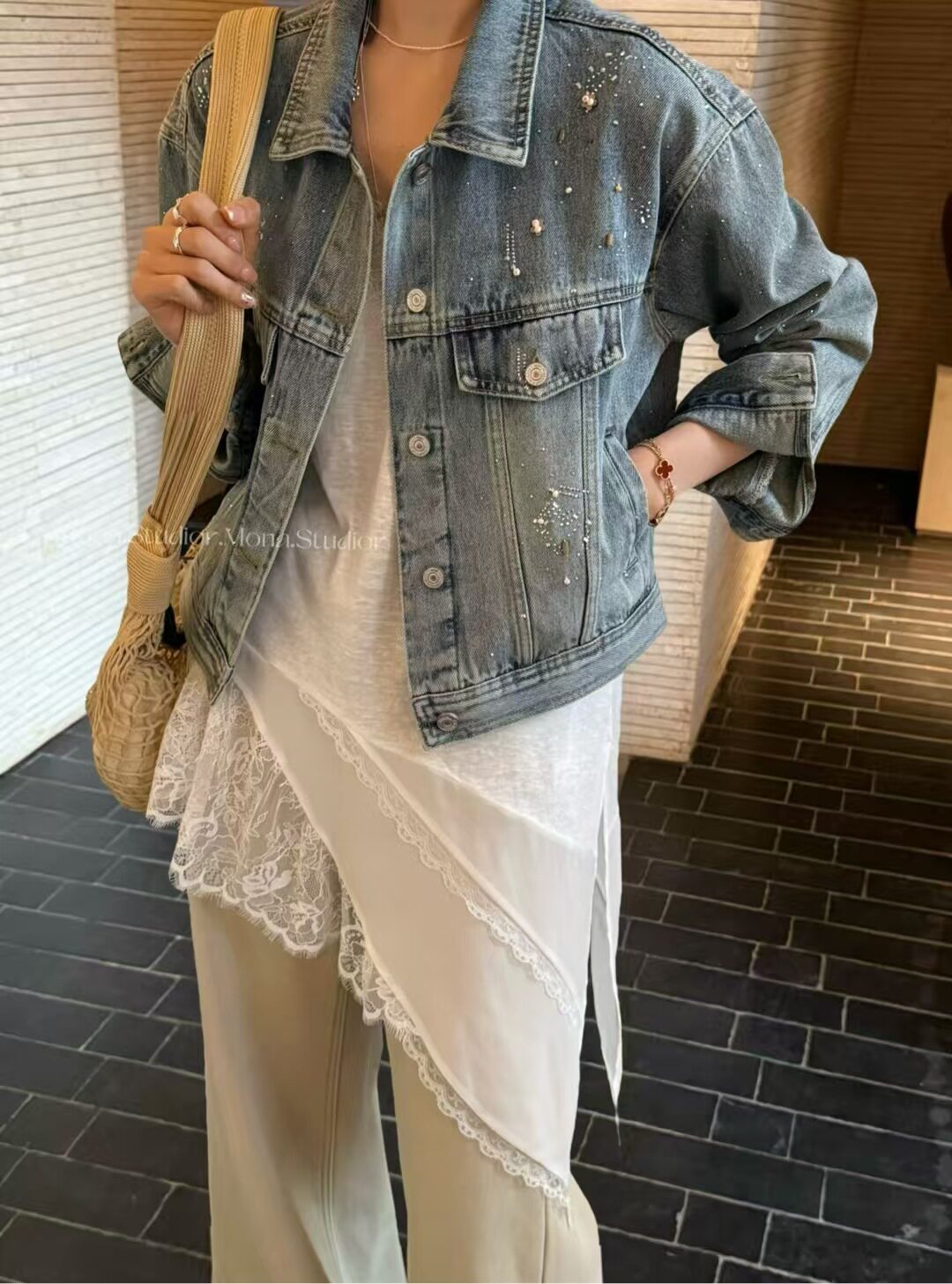 MONA短款打钻牛仔外套女2026春装新款宽松韩版百搭夹克8757