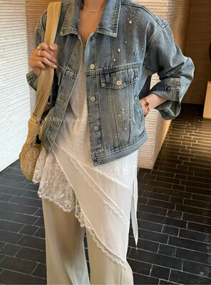 MONA短款打钻牛仔外套女2026春装新款宽松韩版百搭夹克8757