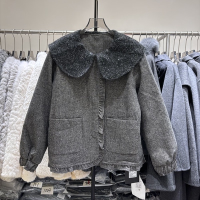 韩版学院风娃娃领毛呢白鸭绒外套女短款灰色气质减龄小个子羽绒服