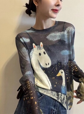 复古风卡通印花长袖T恤女2026春夏新款圆领百搭显瘦防晒上衣31768