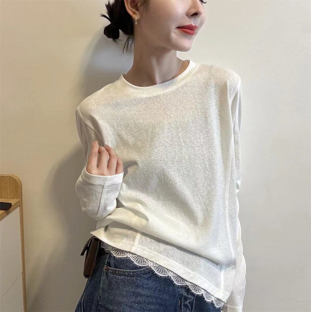 通勤风蕾丝拼接长袖T恤女2026春夏新款宽松显瘦圆领打底衫上衣潮