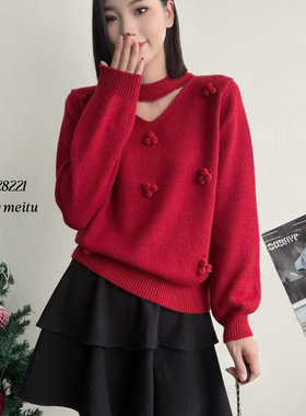 多巴胺风V领小球花朵挂脖镂空毛衣女冬季立体球球套头针织衫28221