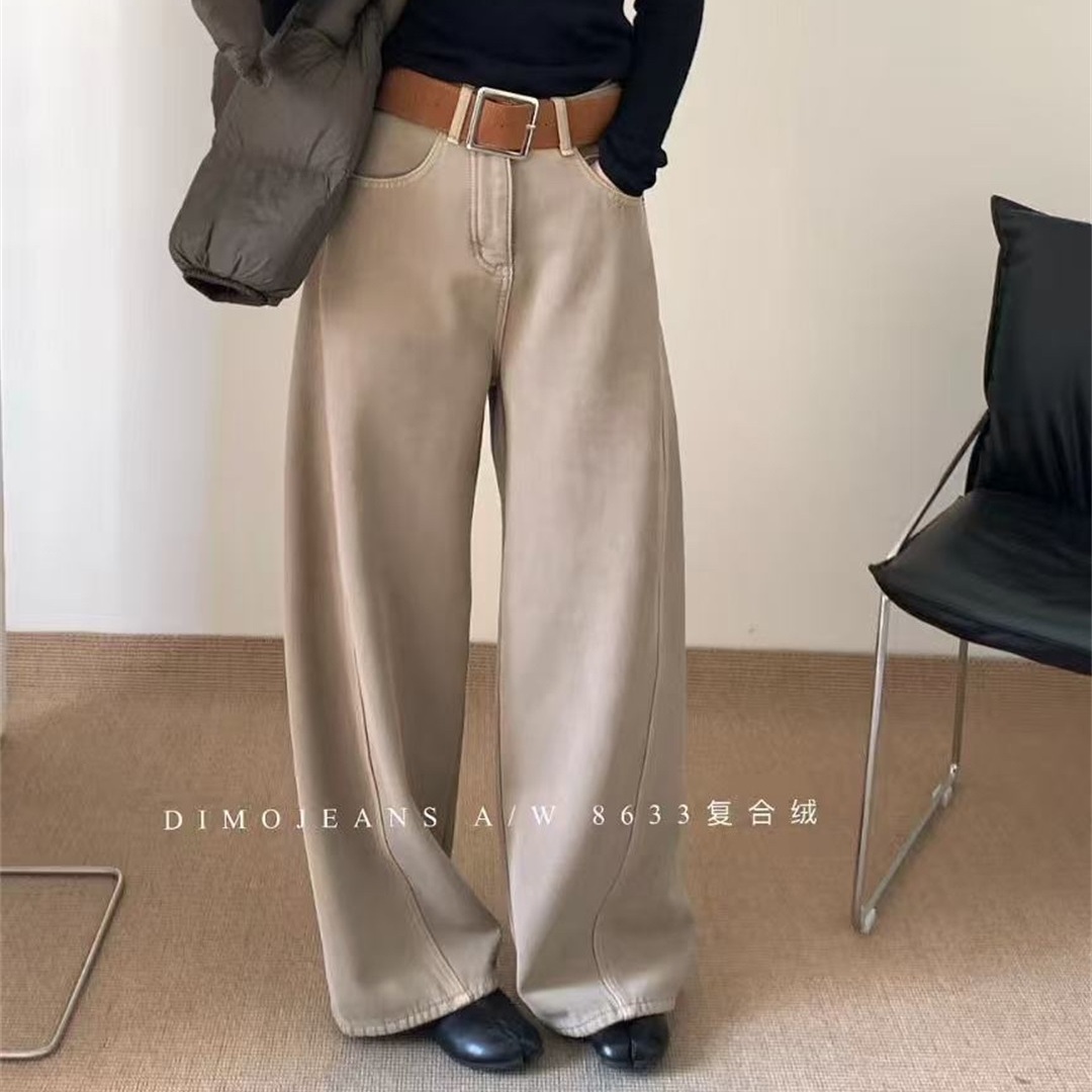 欧货正品高腰显瘦阔腿牛仔裤女冬季新款植绒百搭宽松直筒长裤8633